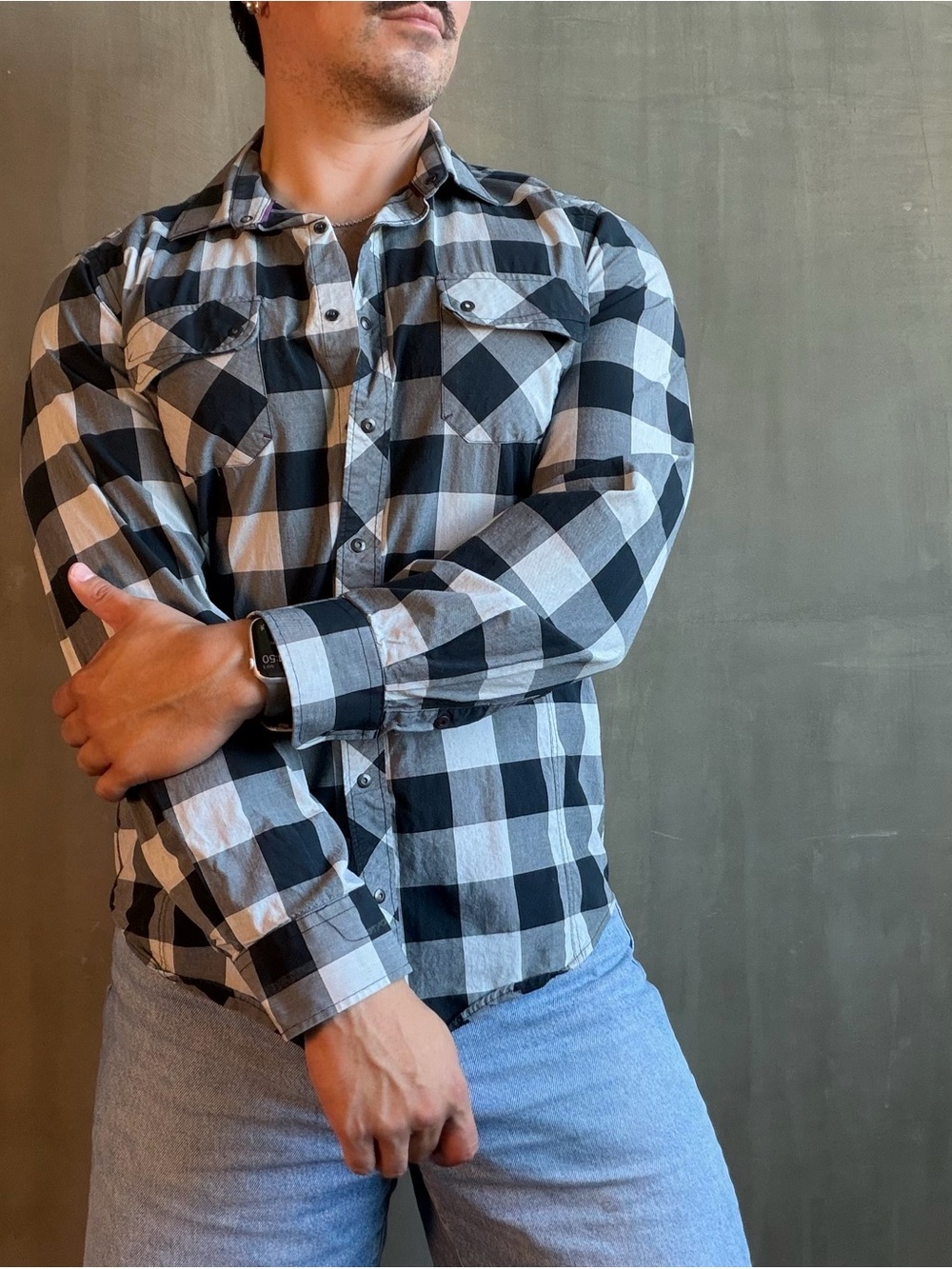 7 Diamonds Men’s Large Black Gray Plaid Cotton Button Down Shirt
